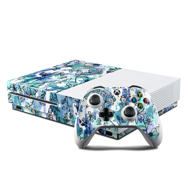 Blue Ink Floral - Microsoft Xbox One S Console and Controller Kit Skin